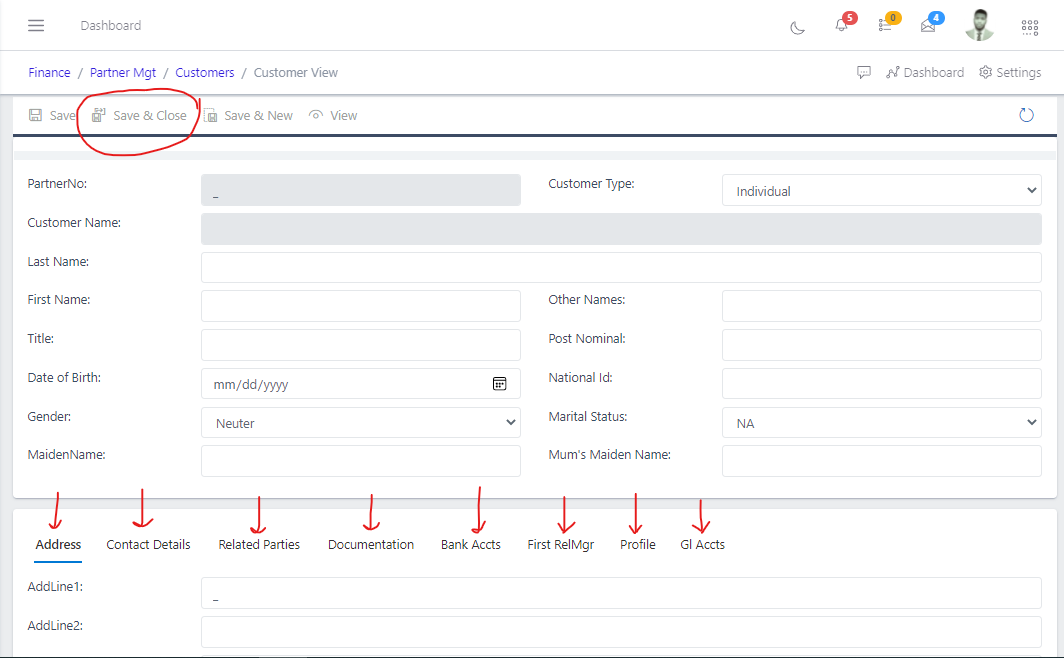 Image showing save and close button after craeting customer