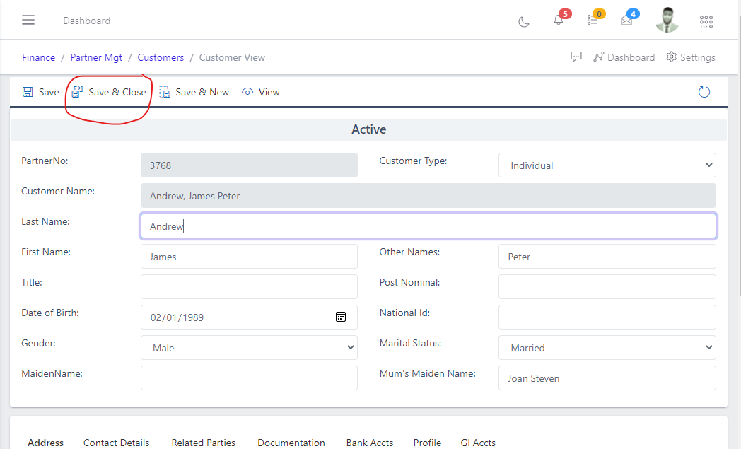 Image showing button to save changes after editing a customer.