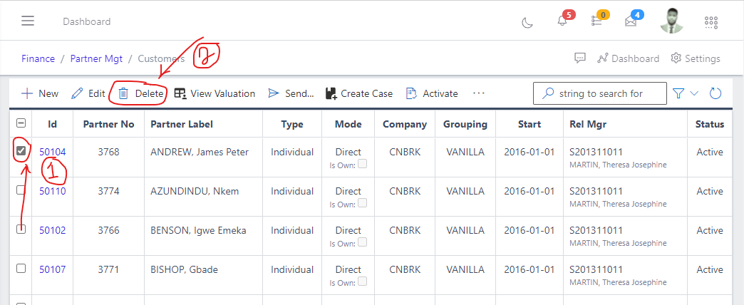 Fig 5.0 Image showing button to delete a customer