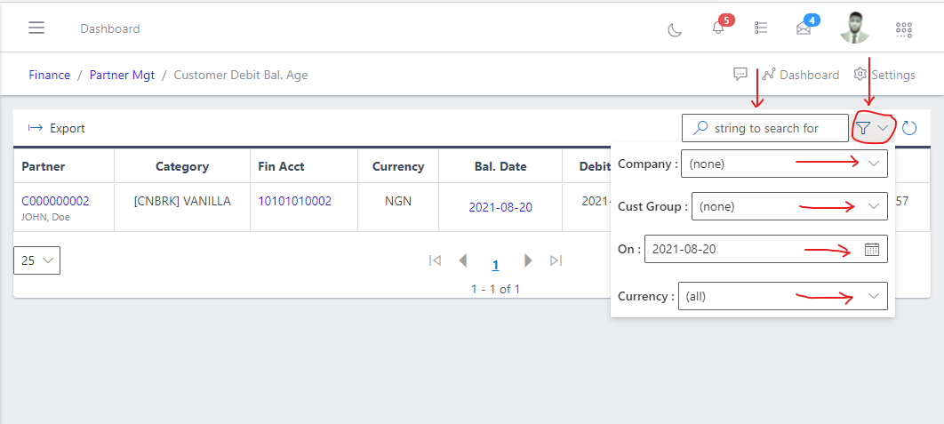 Image showing filter button and options for customer debit balance age