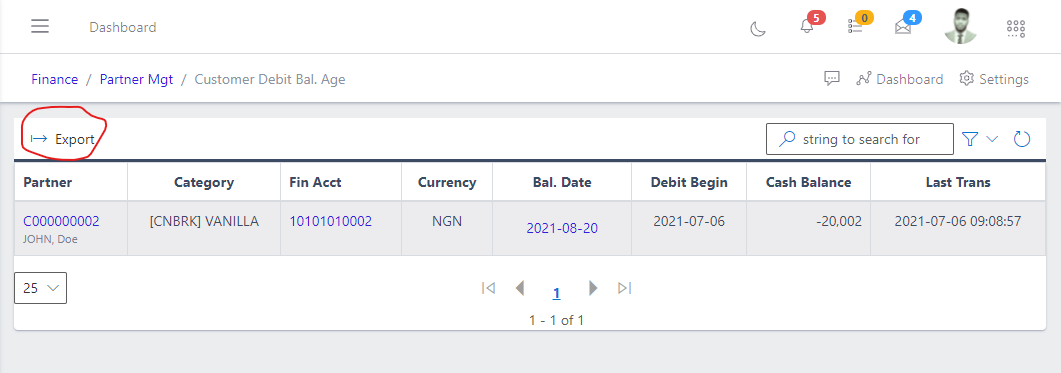image showing button to export customer debit balance age.