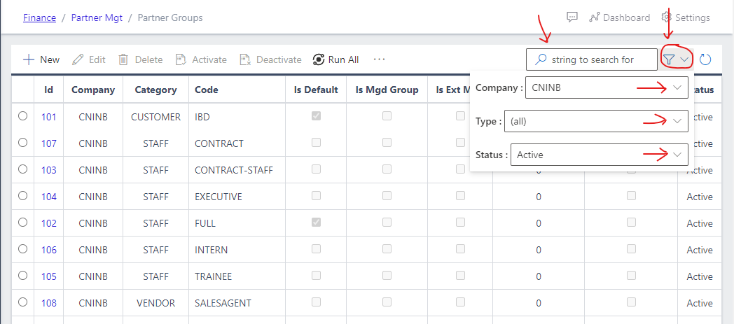 Image showing filter button and options for partner groups