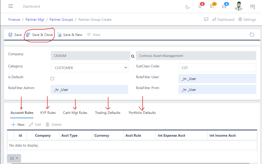 Image showing save and close button after creating partner groups