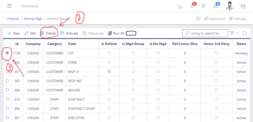 Fig 6.0 Image showing button to delete a partner group