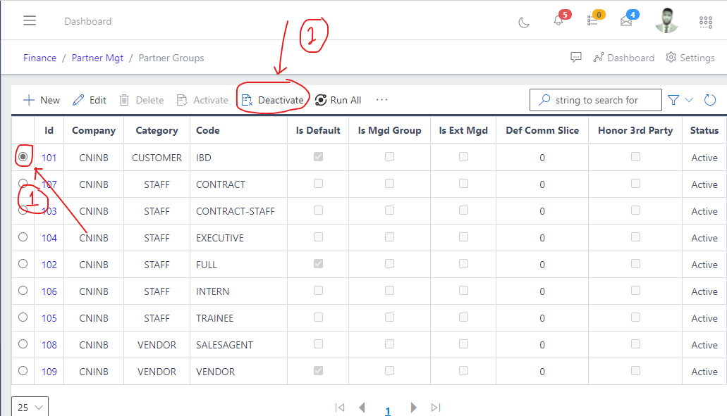 Image showing button to deactivate a partner group