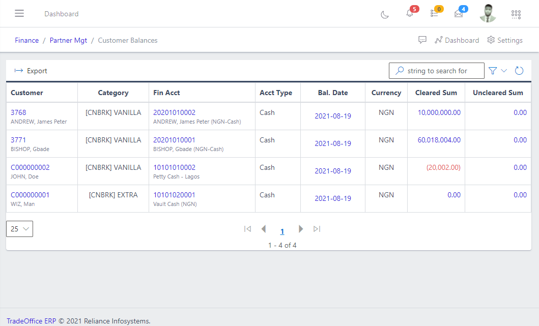 Image showing list of existing customer balances.