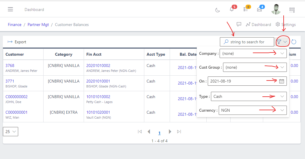Image showing filter button and options for customer balances