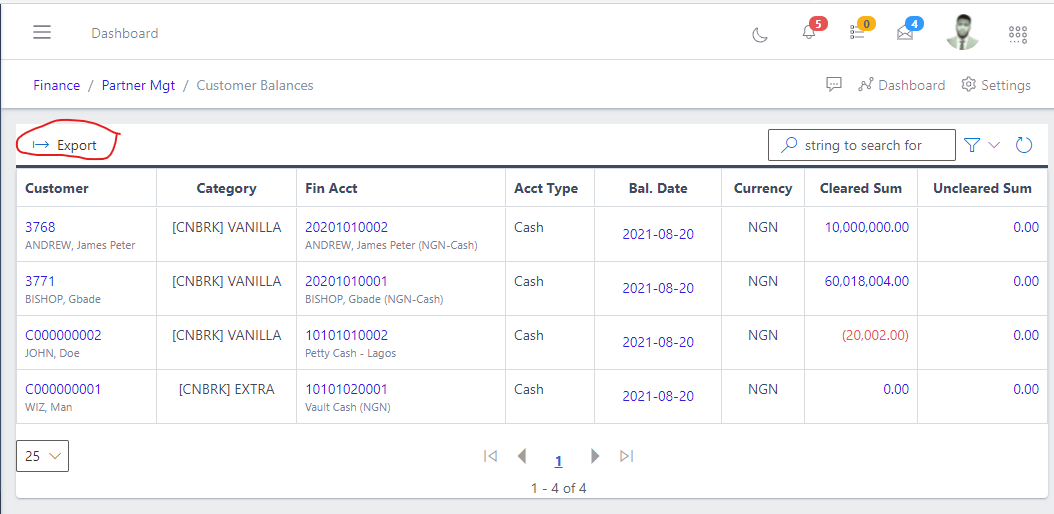 image showing button to export customer balances.