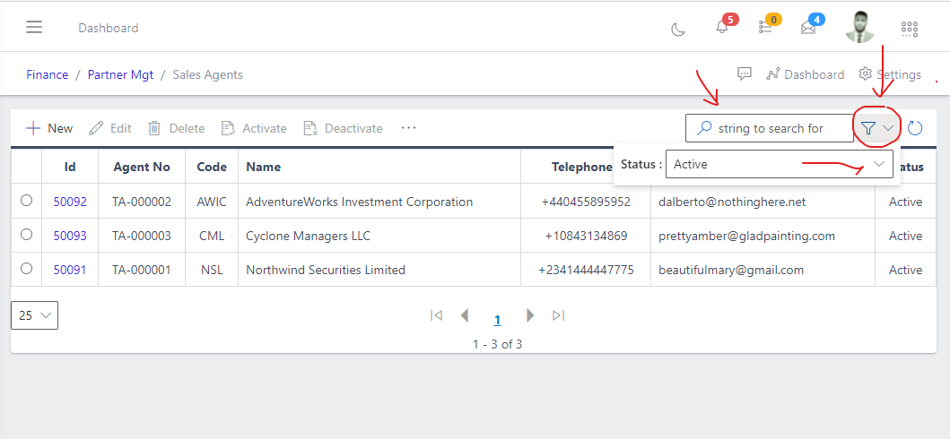 Image showing filter button and options for sales agents