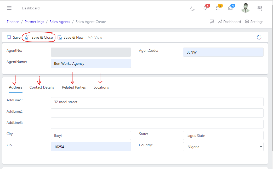 Image showing save and close button after creating sales agents