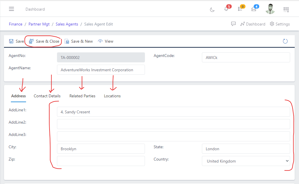 Image showing button to save changes after editing a sales agents.