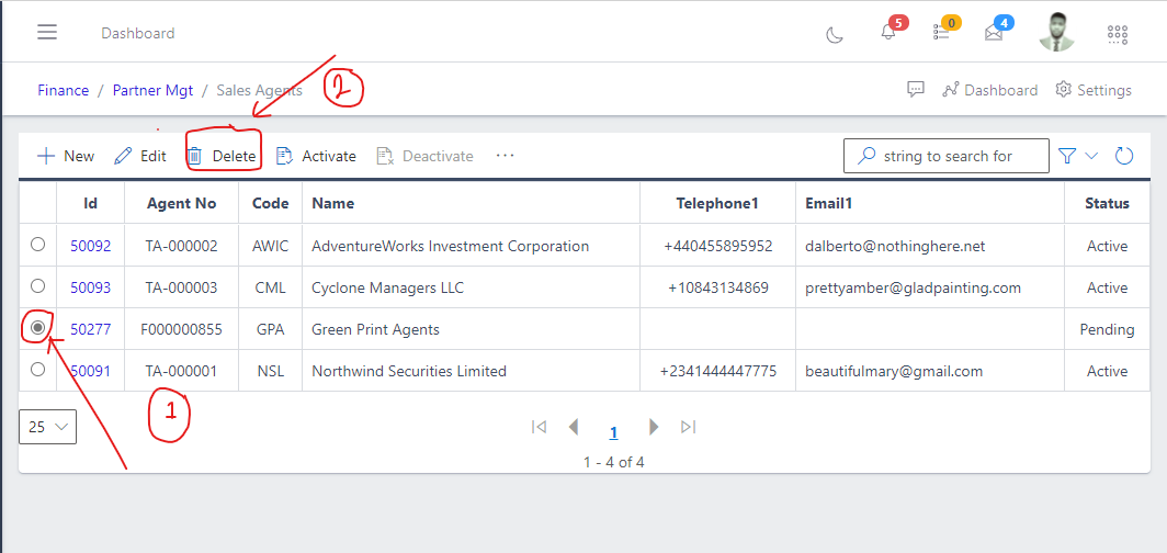 Image showing button to delete a sales agents