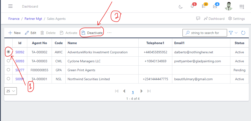 Image showing button to deactivate a sales agent