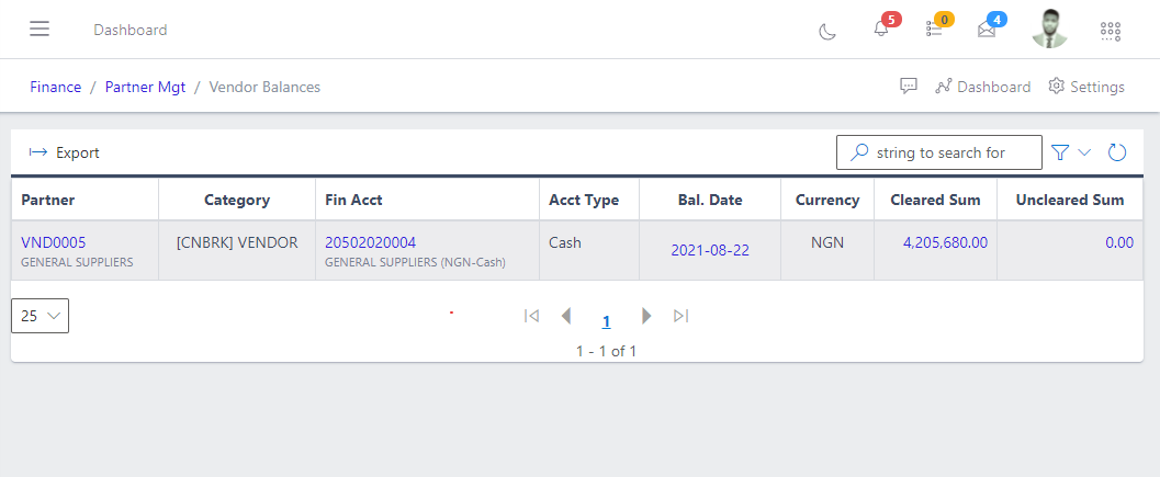 Image showing list of existing vendor balances.