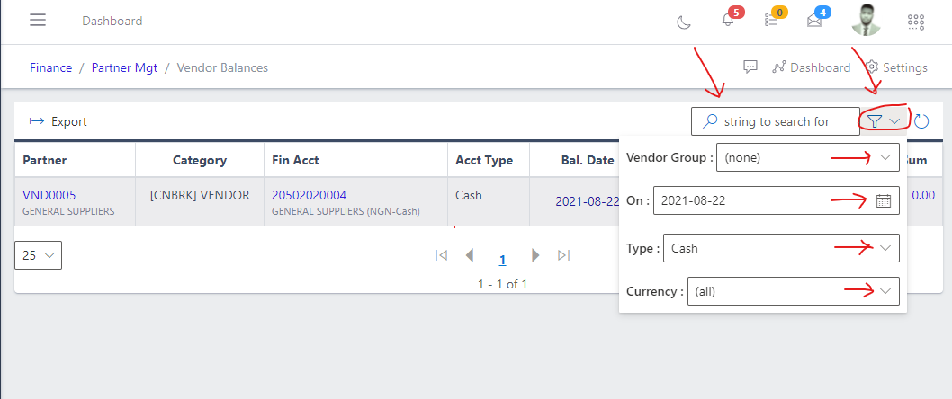 Image showing filter button and options for vendor balances