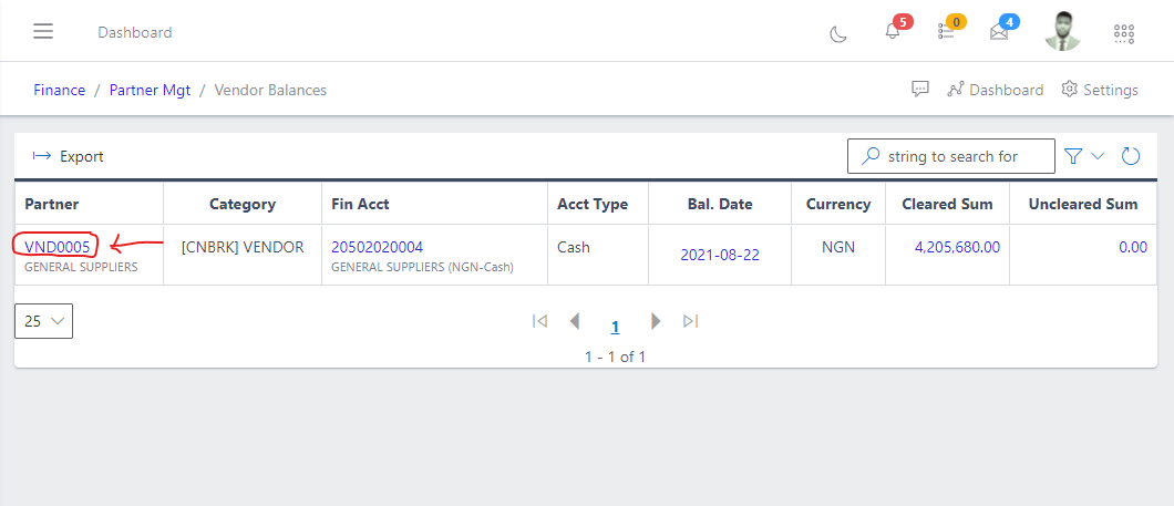 Image showing ID of a vendor balances