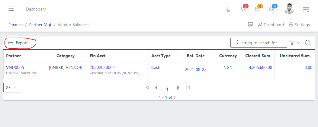 Image showing export button for vendor balances