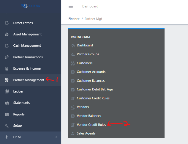 image showing Vendor Credit Rules navigation