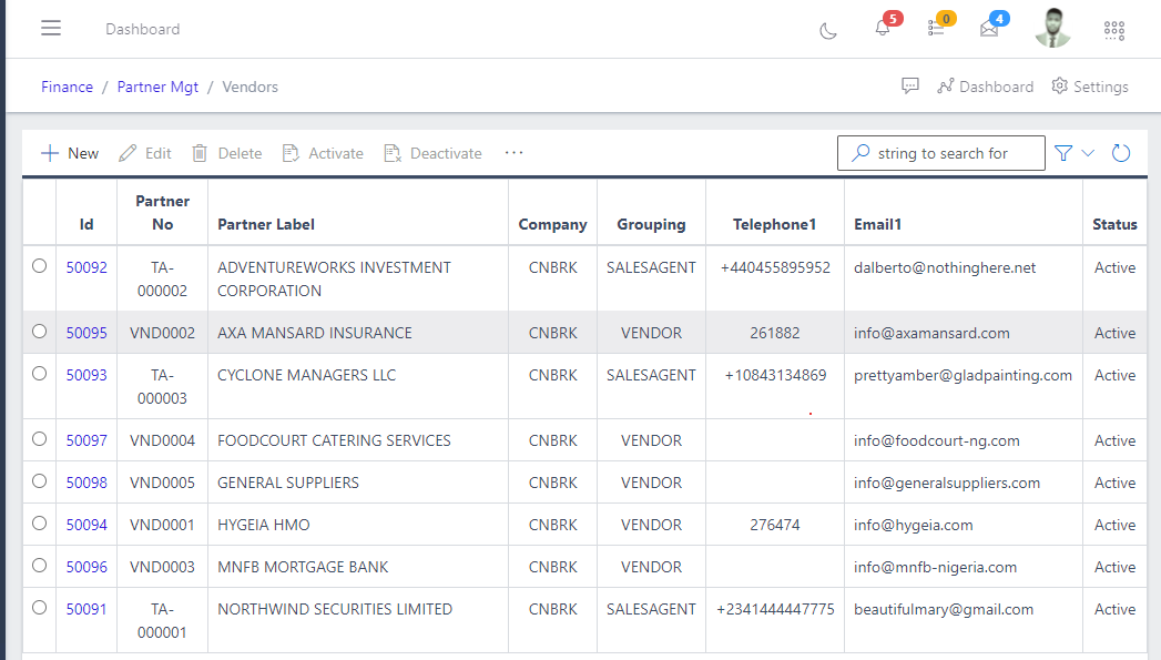 Image showing list of existing vendors.