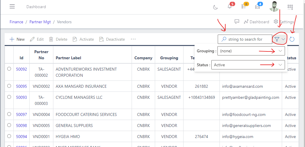 Image showing filter button and options for vendors