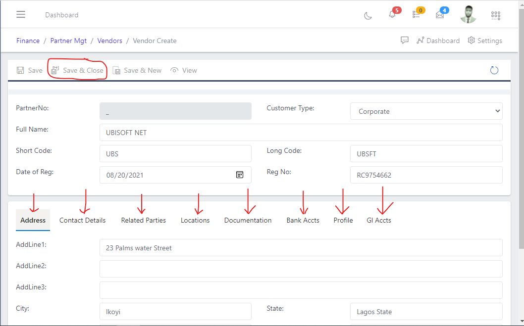 Image showing save and close button after creating vendors