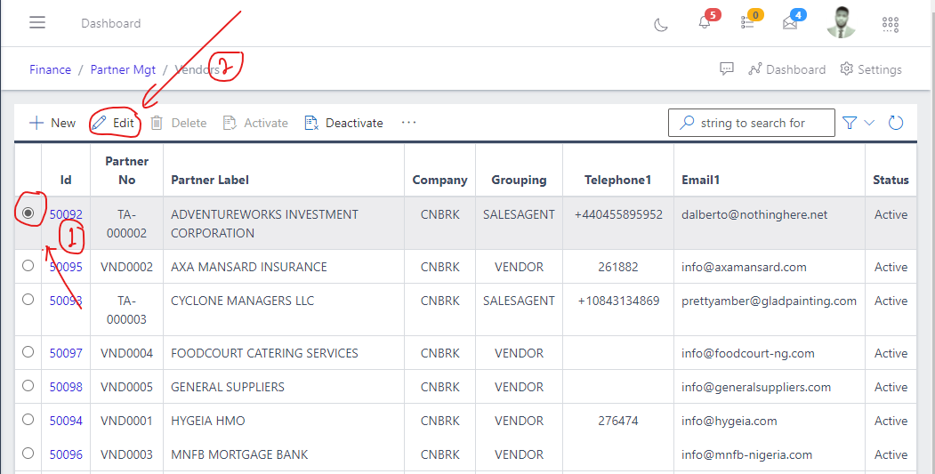  Image showing button to edit a vendors