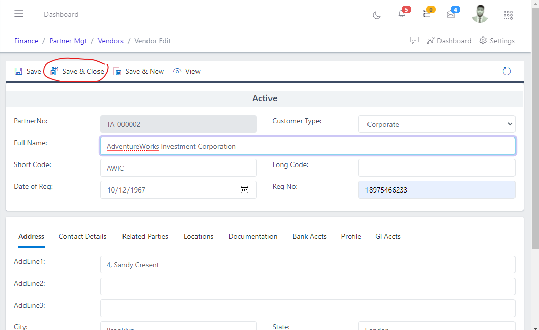 Image showing button to save changes after editing a vendors.