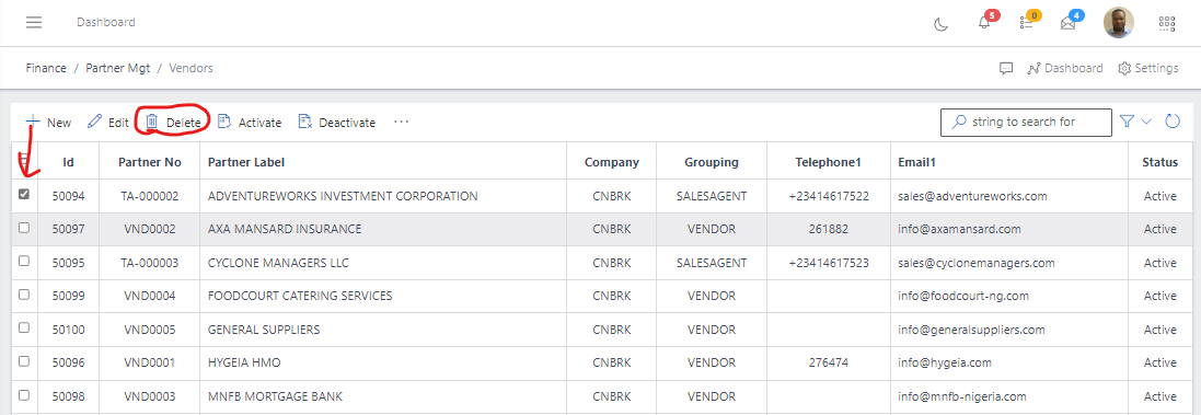 Image showing button to delete a vendors