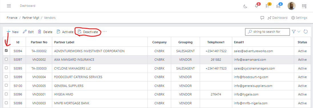 Image showing button to deactivate a vendor