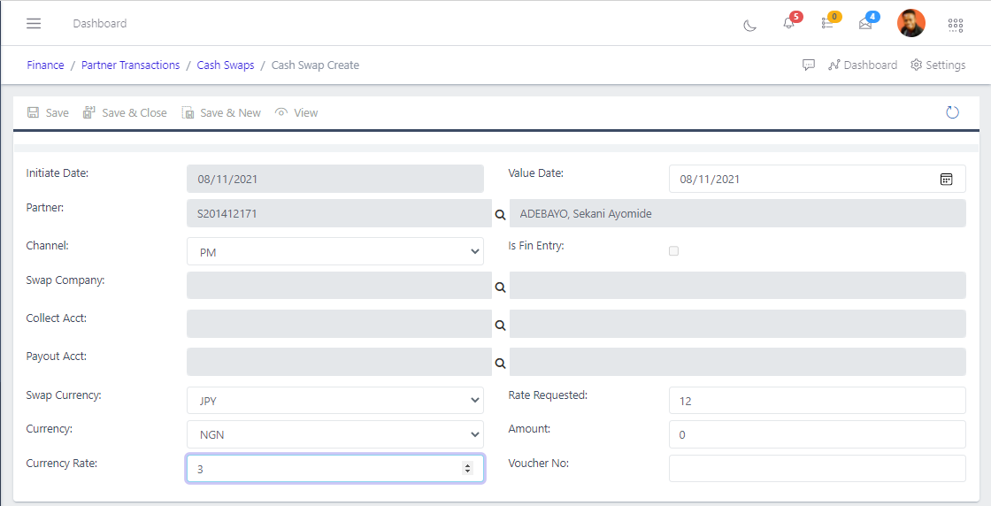 Fig 5 Creating Cash Swaps