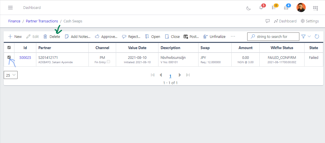 Fig 8  Deleting Cash Swaps