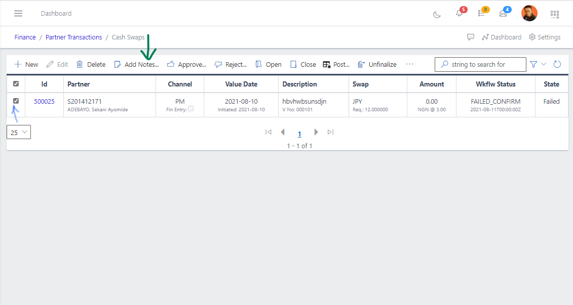 Fig 9 Adding Notes Cash Swaps