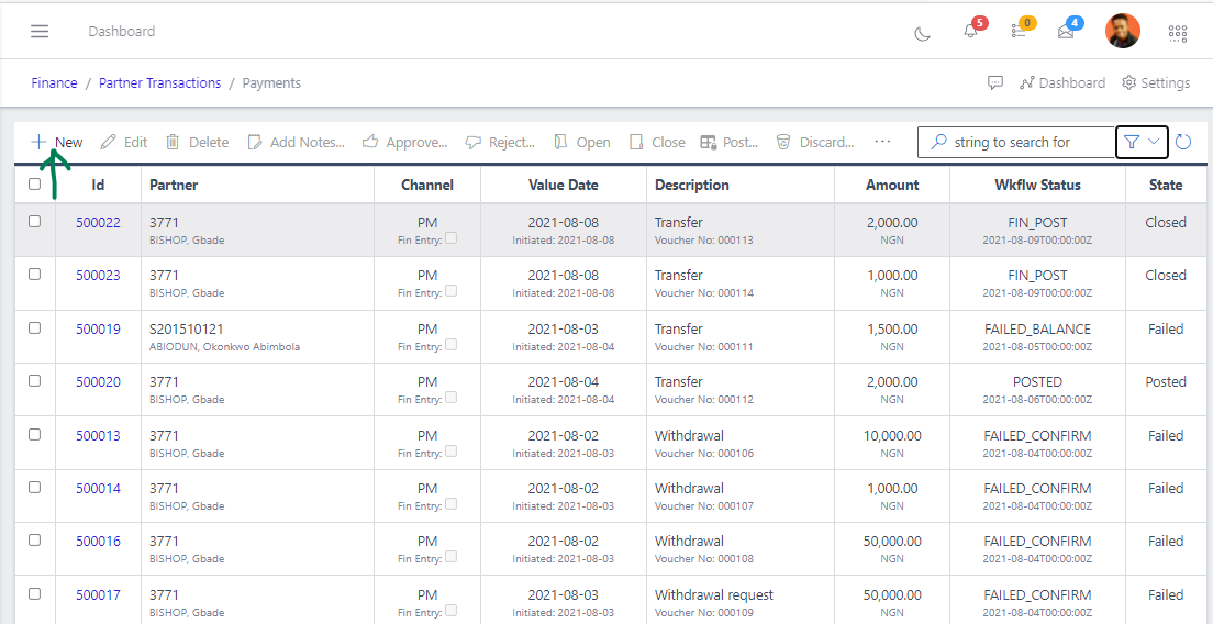 Fig 4 Clicking New Button to Create a New Payment