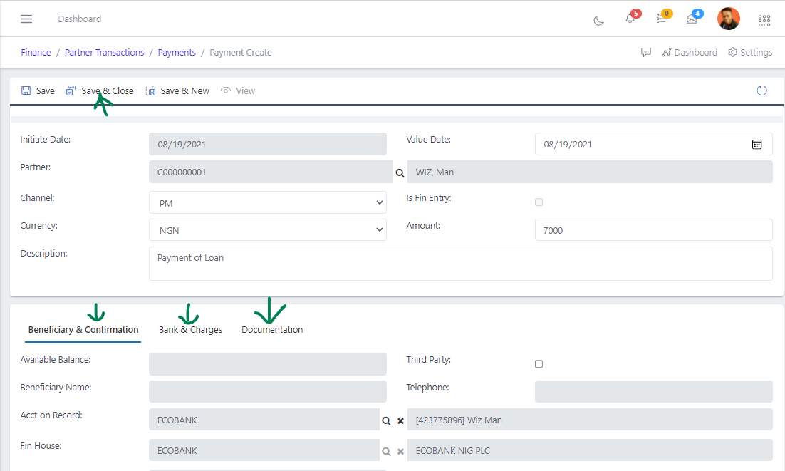 Fig 5 Creating Payment