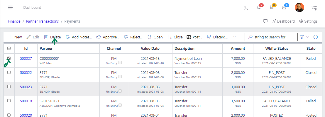 Fig 8  Deleting Payment