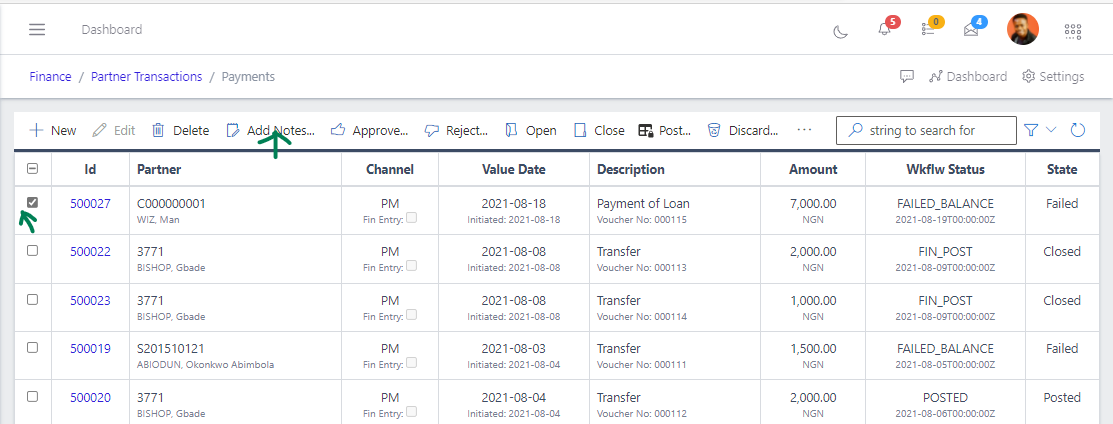Fig 9 Adding Notes to Payment