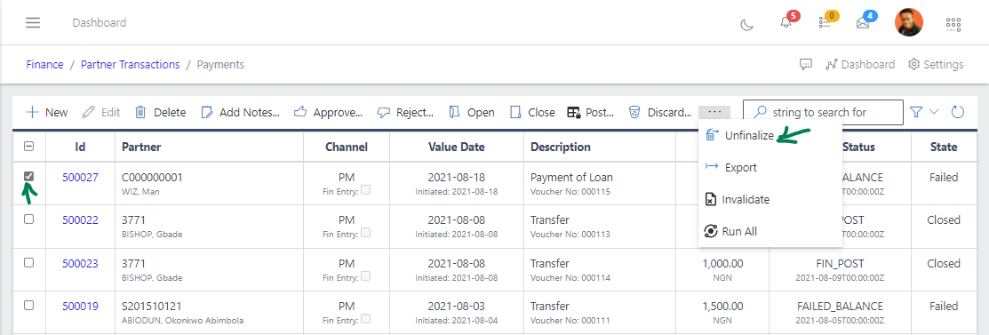 Fig 16 Unfinalizing Payment