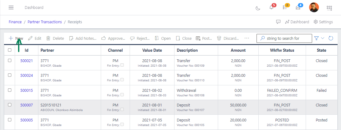Fig 4 Clicking New Button to Create a New Receipt