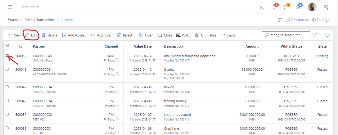 Fig 7.0 Editing Receipt
