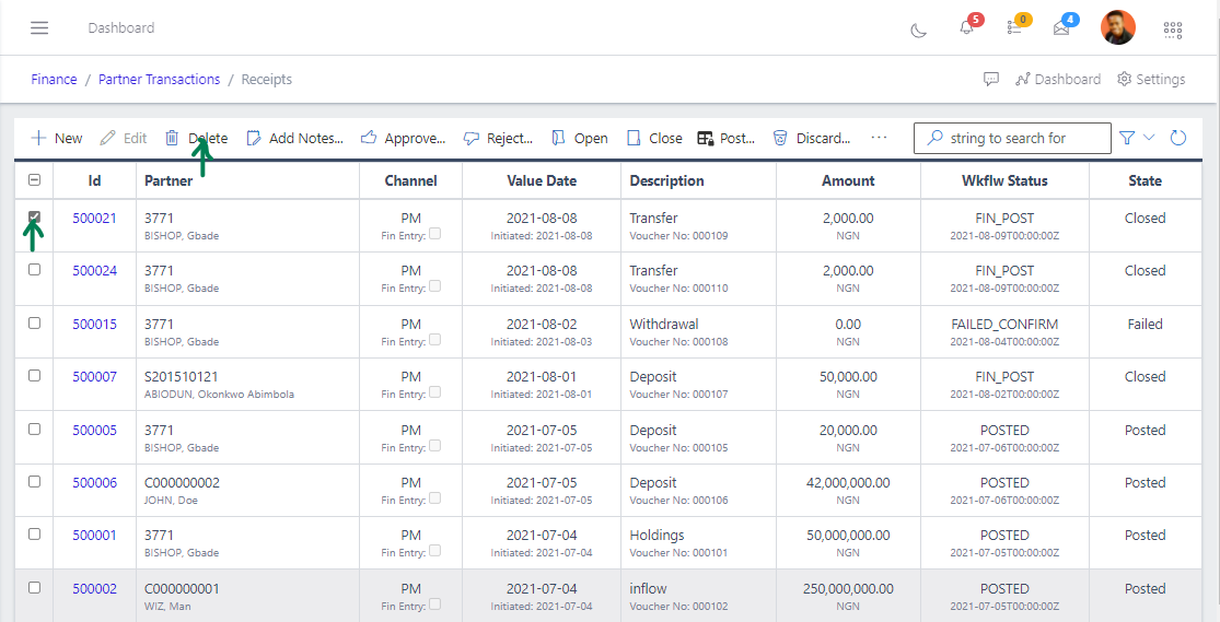 Fig 8  Deleting Receipt