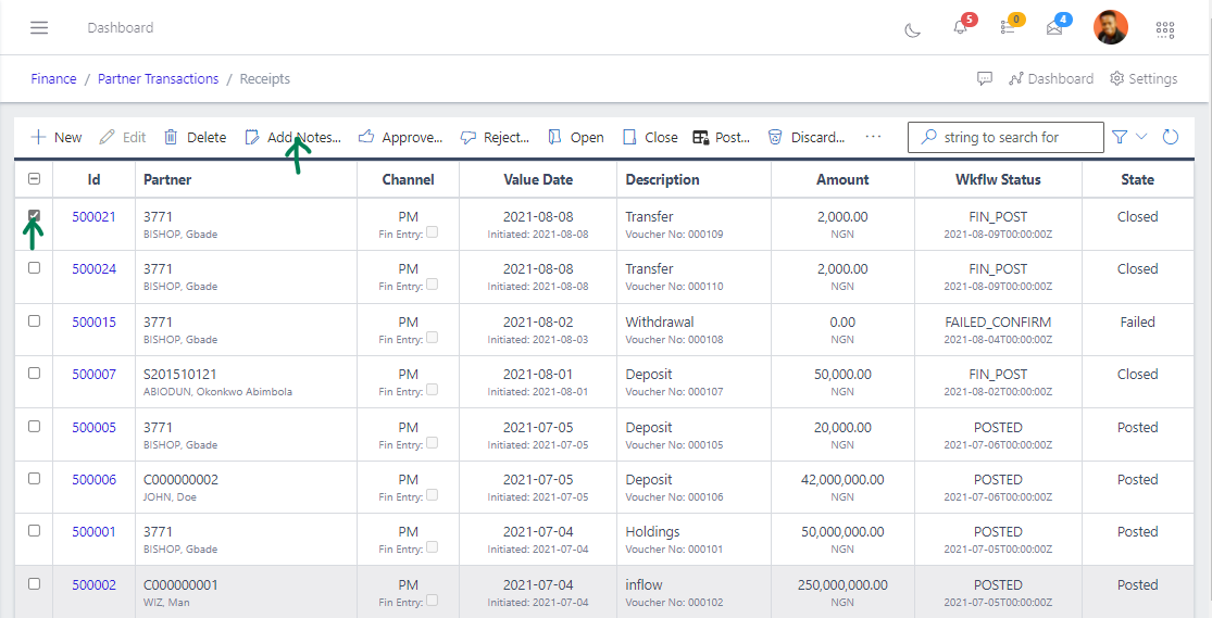 Fig 9 Adding Notes to Receipt