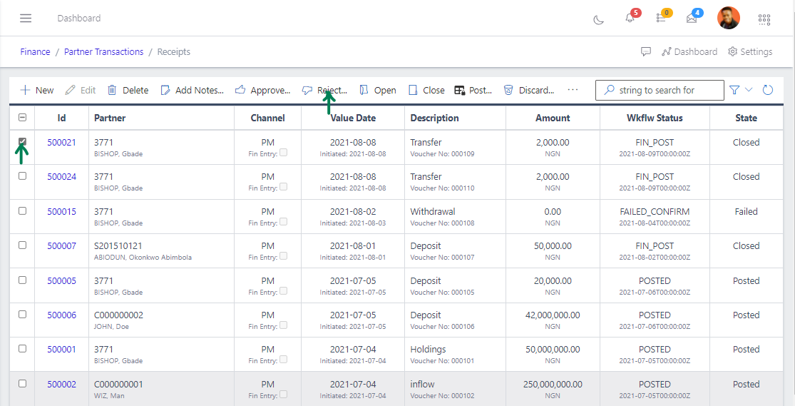 Fig 11 Rejecting Receipt