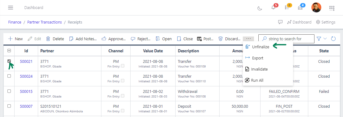Fig 16 Unfinalizing Receipt