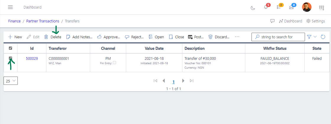 Fig 8  Deleting transfer