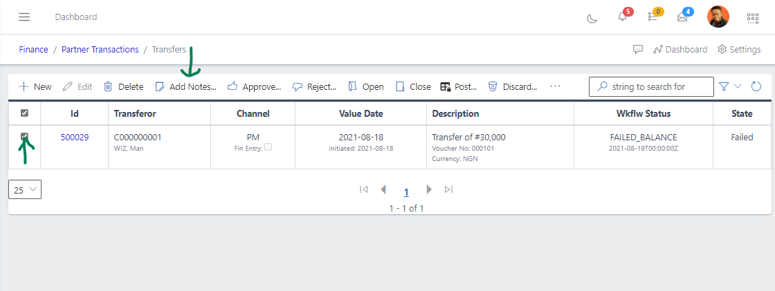 Fig 9 Adding Notes to transfer