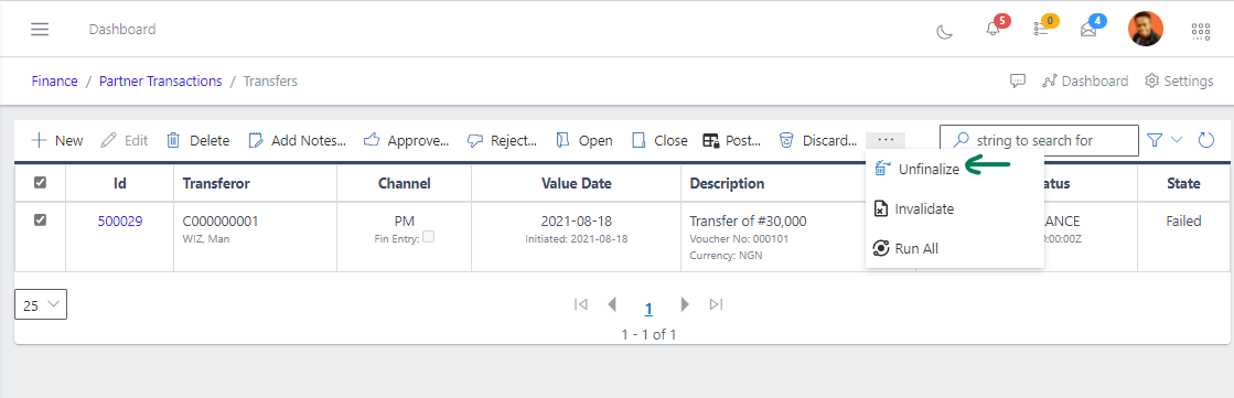 Fig 16 Unfinalizing transfer