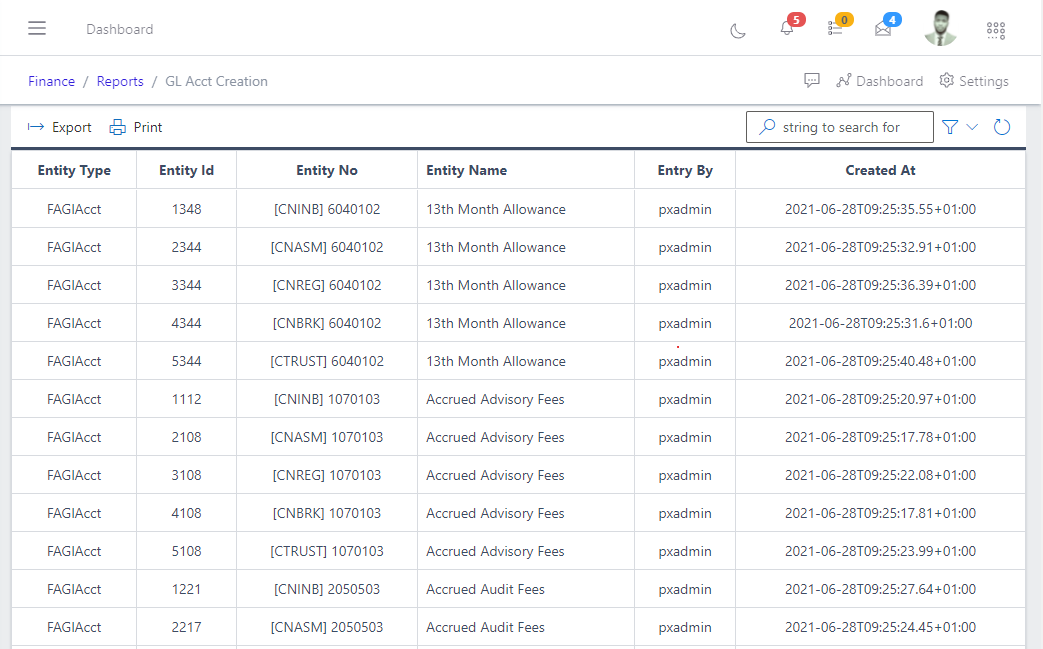 Image showing list view of GL Account Creation CallOver