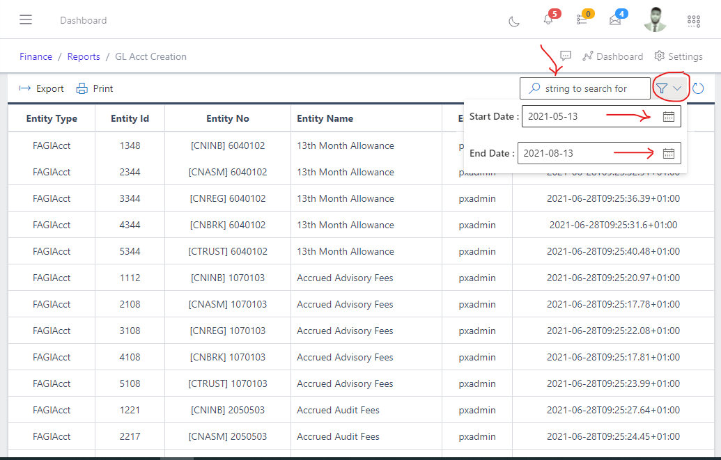 Image showing Search, filter button and filter options