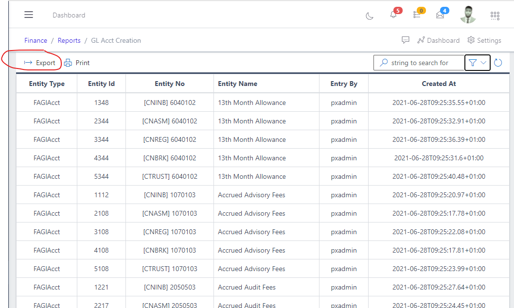 Image showing GL Account Creation CallOver export button