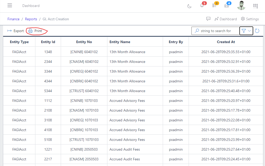 Image showing GL Acct Creation callover print button